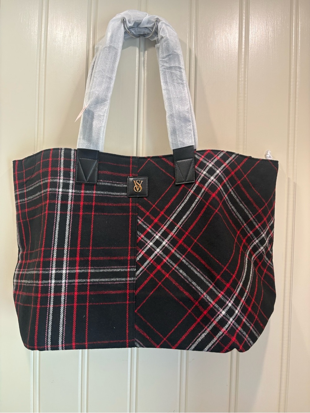 Victoria's Secret Black Plaid Tote with Red & White Trim